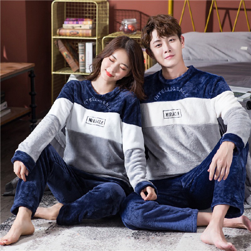 Autumn winter couple men women flannel warm long-sleeved pyjamas round neck pullover coral fleece loun