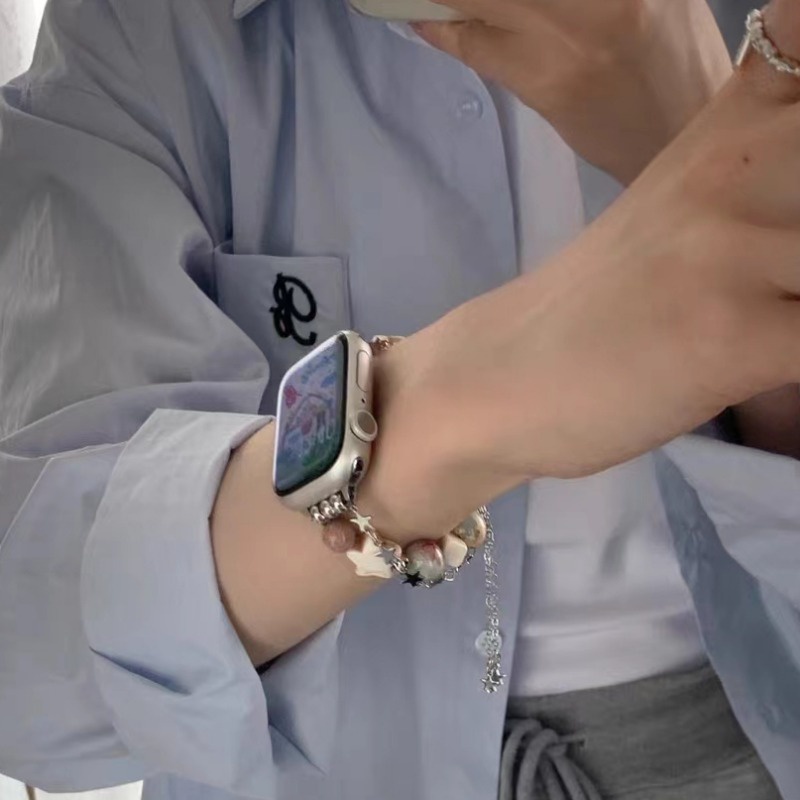 Vòng đeo tay hạt sao cho apple watch band series 7 8 6 5 4 se dây đeo kim loại chuỗi đôi cho i-watch 49mm 38mm 40mm 41mm 44mm 45mm 42mm