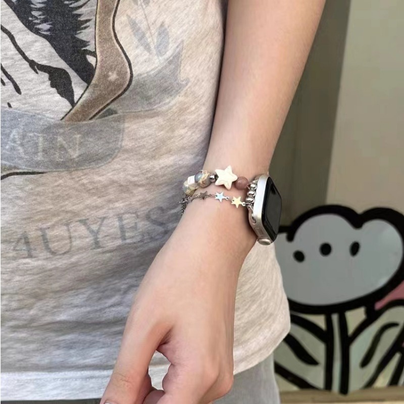 Vòng đeo tay hạt sao cho apple watch band series 7 8 6 5 4 se dây đeo kim loại chuỗi đôi cho i-watch 49mm 38mm 40mm 41mm 44mm 45mm 42mm
