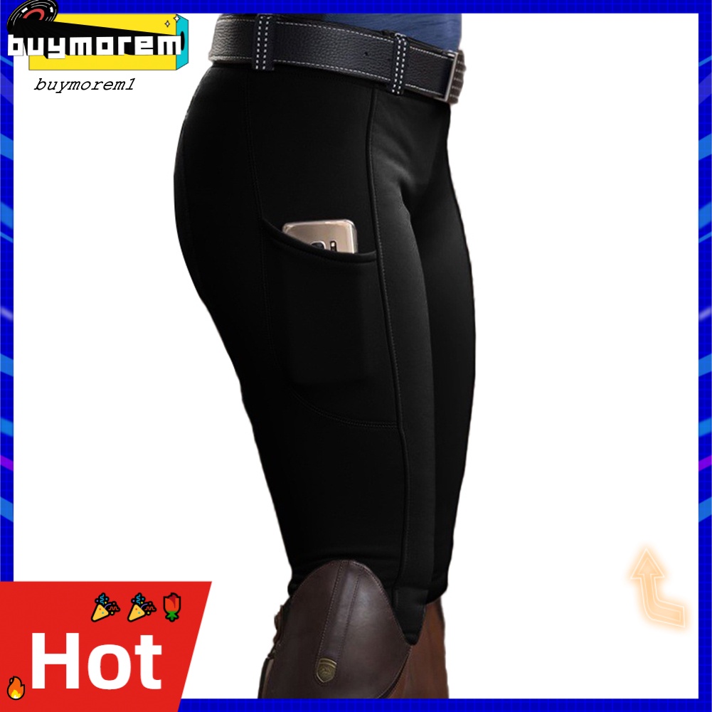 Buym women solid color pocket hip lift quần cưỡi ngựa đàn hồi quần đua ngựa