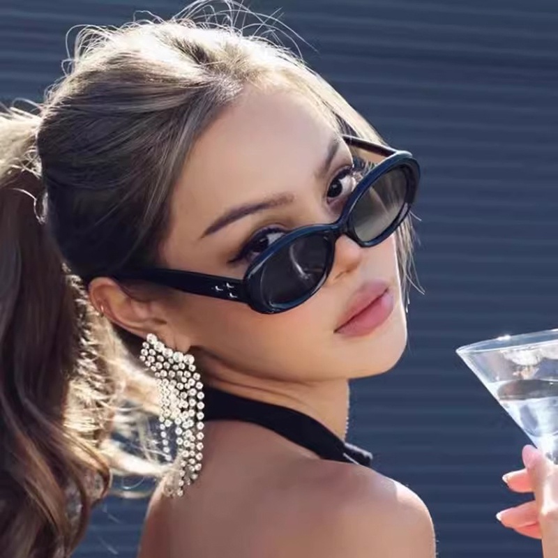 Kính Mát Hình oval Gọng Kim Loại Đen Chống Tia uv400 Thời Trang Cho Nam Nữ