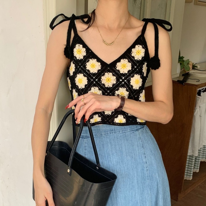 Nerfv Áo Crop Top Dệt Kim Không Tay Hở Lưng Họa Tiết Hoa Cúc Vintage Ngọt Ngào Gợi Cảm Đi Biển Dành Cho Nữ