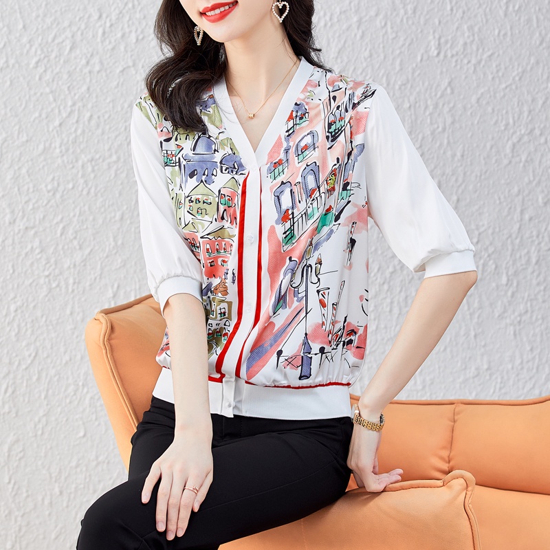 Áo Khoác Cardigan Cao Cấp Tay Lửng Cổ Chữ V In Họa Tiết Kỹ Thuật Số Phong Cách Mới 2023