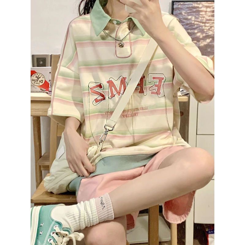 Áo polo Ngắn Tay Dáng Rộng Họa Tiết Kẻ Sọc Màu Tương Phản Thời Trang Mùa Hè Cho Nữ