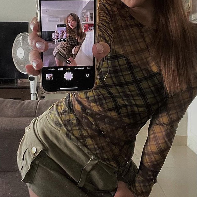 DUNEA Áo Thun Tay Dài Phối Lưới Xuyên Thấu In Họa Tiết Ca Rô Y2K Dành Cho Nữ