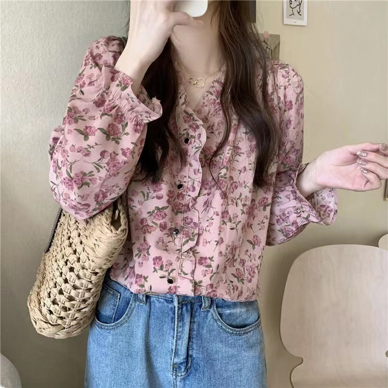 Áo chiffon BH tay dài dáng rộng in hoa kiểu Pháp xinh xắn cho nữ