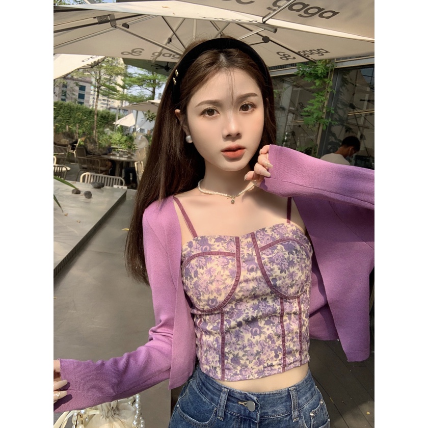Bộ Đồ Hóa Trang Cô Gái Ngày Tháng Tư Xinh Xắn|Áo Khoác Cardigan Dệt Kim + Áo Hai Dây Mỏng Họa Tiết Hoa Thời Trang Xuân Hè Hàn Quốc Cho Nữ