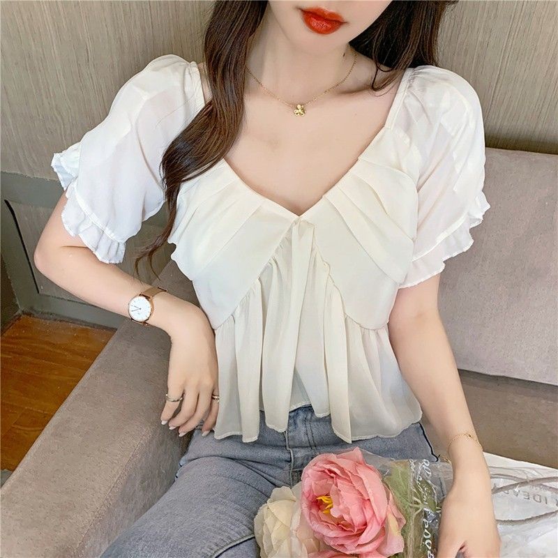 Áo Kiểu Vải Voan Tay Ngắn Cổ Chữ V Thời Trang Hè Trẻ Trung Cho Nữ