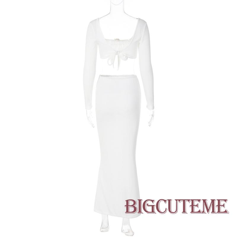 Set Đồ 2 Món Gồm Áo Dệt Kim Cổ Chữ U Tay Dài Màu Sắc Trơn Phối Chân Váy Dài Lưng Cao Thời Trang Hè Thu Cho Nữ