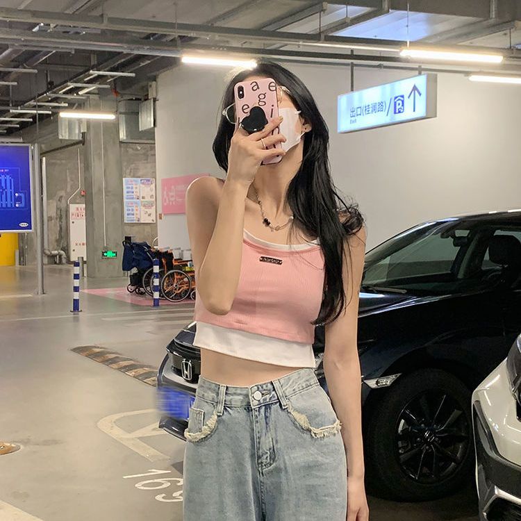 Wild Girl Áo Croptop Giả Hai Lớp Màu Trơn Thời Trang Cho Nữ