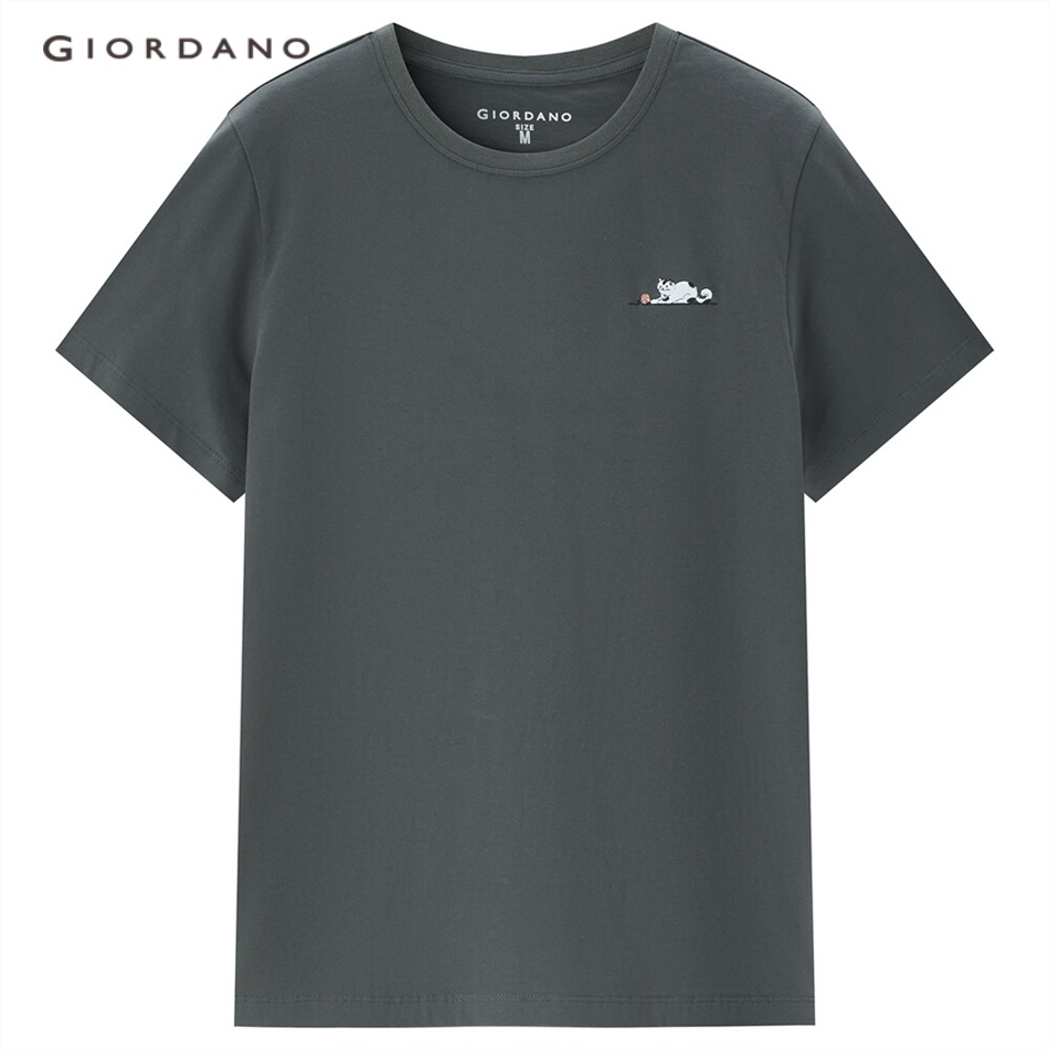 Giordano áo thun nữ cotton 100% cổ tròn tay ngắn thêu hình con mèo dệt kim 13323405