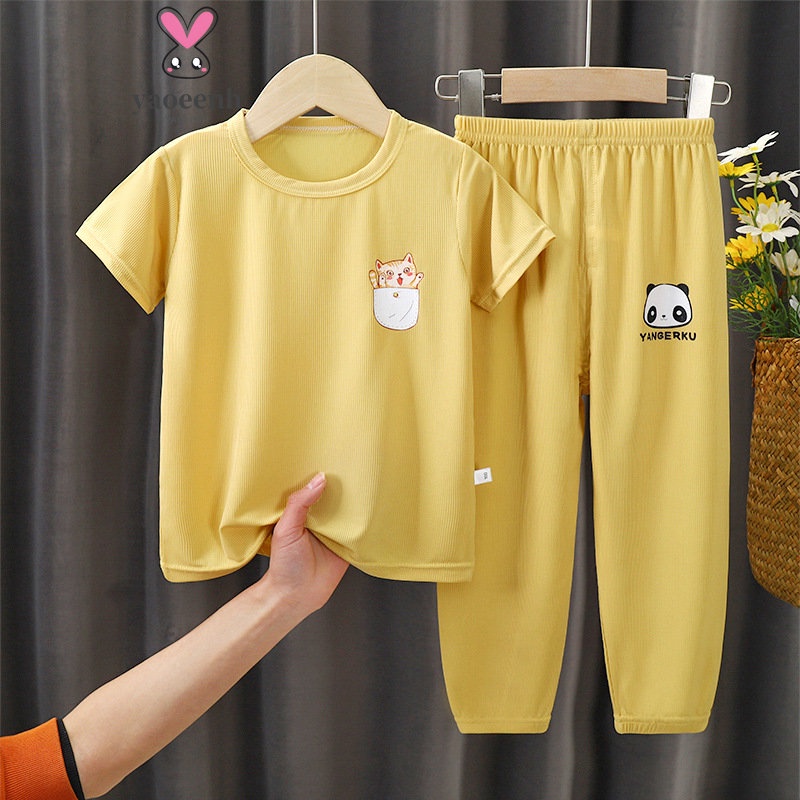 【YAOEENH】Bộ Áo Thun Tay Ngắn + Quần Lửng Bằng Lụa Họa Tiết Hoạt Hình Trọng Lượng Nhẹ 90-150cm Dành Cho Bé Trai Gái
