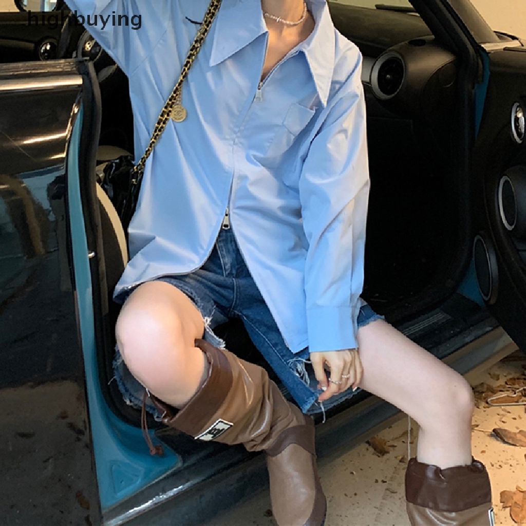 Áo Sơ Mi Tay Dài Có Khóa Kéo Phong Cách Đường Phố Hàn Quốc