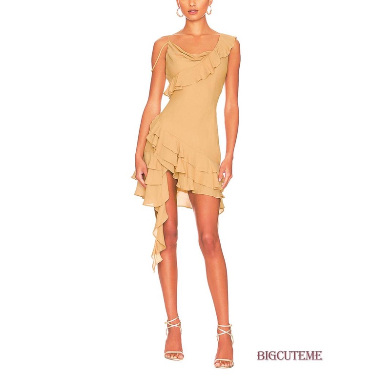 [] - Đầm Mini Ôm Dáng Không Tay Màu Trơn Viền Bèo Nhún Cho Nữ