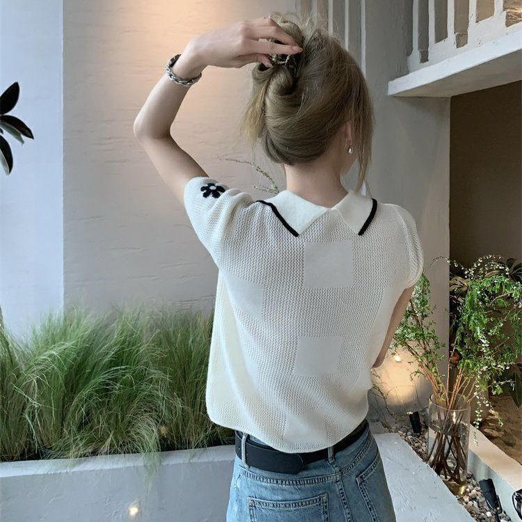 Áo Thun Polo Dệt Kim Tay Ngắn Dáng Rộng Phong Cách Hàn Quốc Mới