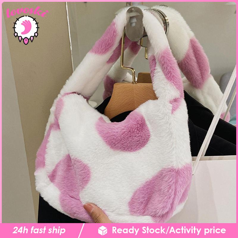 Túi Tote Đeo Vai / Xách Tay Phủ Lông Họa Tiết Trái Tim Có Khóa Kéo Sành Điệu