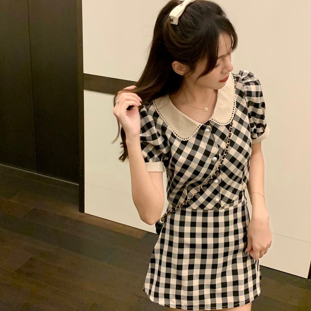 Bộ Áo Ngắn Tay Cổ Peter Pan + Chân Váy Lưng Cao Thời Trang Retro Hong Kong 2023