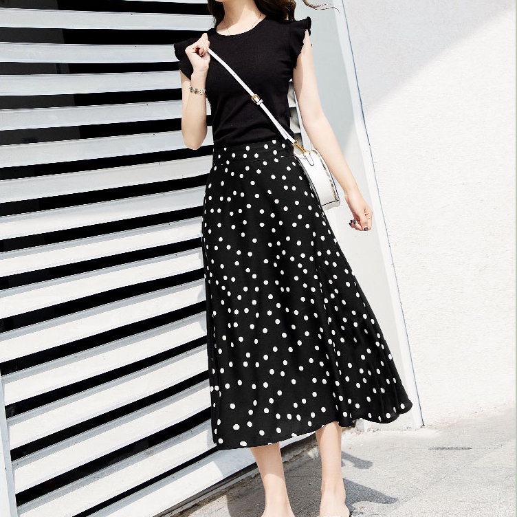 Chân Váy chiffon Chữ a Lưng Cao Dáng Dài Phối Khóa Kéo Họa Tiết Chấm Bi Màu Đen Tương Phản