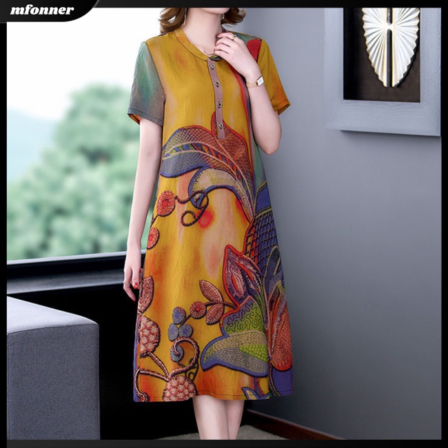 Đầm Midi Chữ A Tay Ngắn Cổ Tròn Dáng Rộng In Họa Tiết Cổ Điển Có Size Lớn Cho Nữ