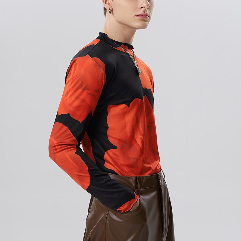 INCERUN Áo Thun Dệt Kim Tay Dài Cổ Cao Co Giãn In Họa Tiết Hoa Hồng