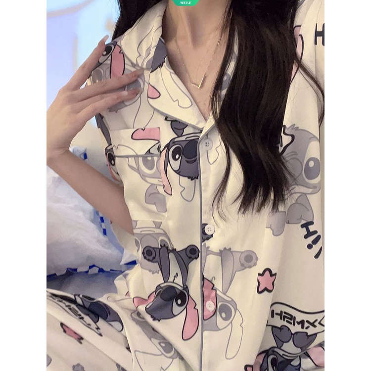 Bộ Đồ Ngủ Ngắn Tay Họa Tiết Stitch Hoạt Hình Đơn Giản Thoải Mái Cho Nữ