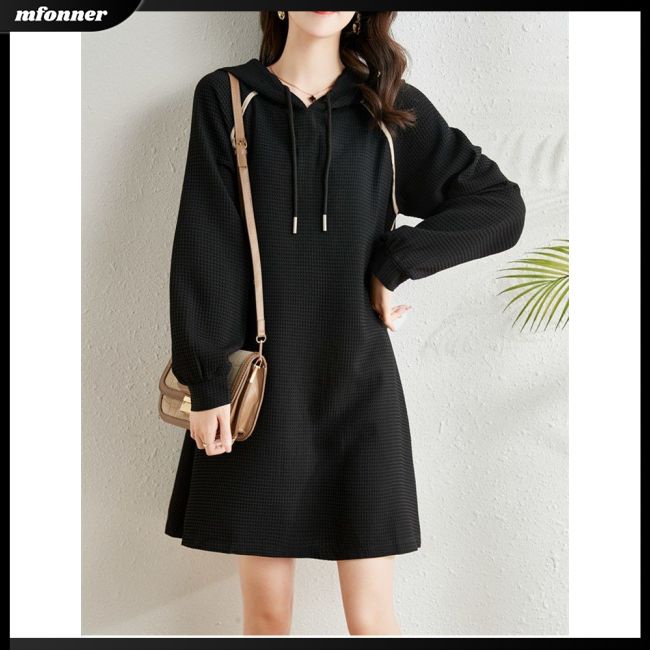 Đầm Hoodie Tay Dài Dáng Rộng Phối Dây Rút Thời Trang Cho Nữ