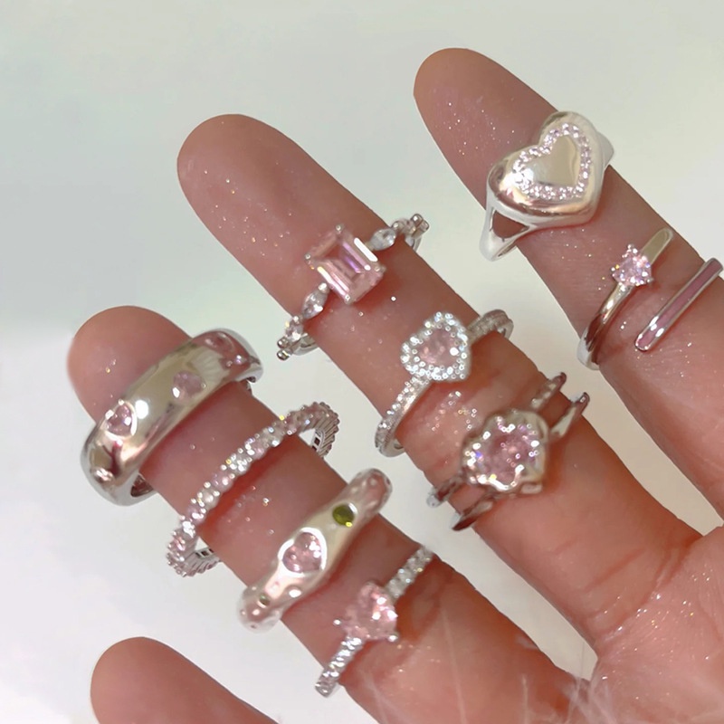 Nhẫn Hở Kim Loại Hình Trái Tim Đính Đá Zircon Hồng Ngọt Ngào Phong Cách Hàn Quốc