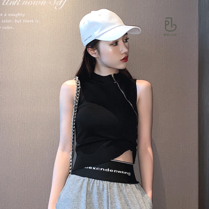 Áo Thun Lửng Không Tay 100% Cotton Phối Khóa Kéo Thời Trang Cho Nữ