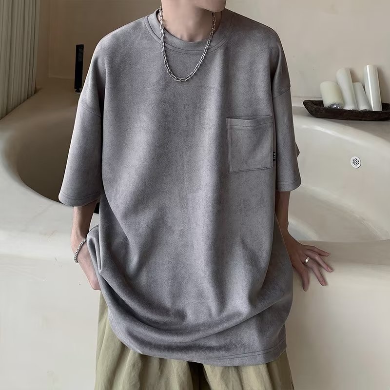 Áo Thun Lông Cừu Tay Ngắn Cổ Tròn Phối Túi Thời Trang Mùa Hè Phong Cách Nhật Bản Cho Nam