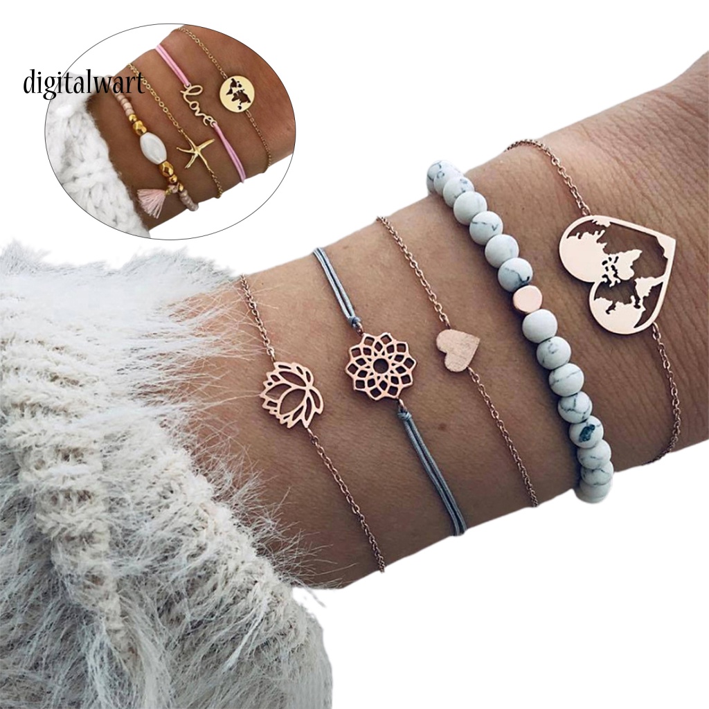 Kỹ Thuật Số| Set 5 Vòng Đeo Tay Họa Tiết Hoa Sen Rỗng Sáng Điều Chỉnh Được Cho Nữ