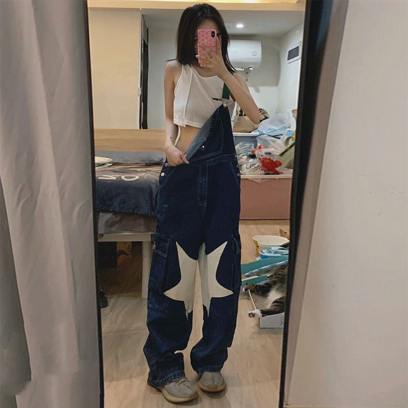 * Qu * Qu n Y m Áo Liền Quần Denim Dáng Rộng In Hình Ngôi Sao Cá Tính Khí Chất Phong Cách Retro Xuân Thu Plus Size Fat mm