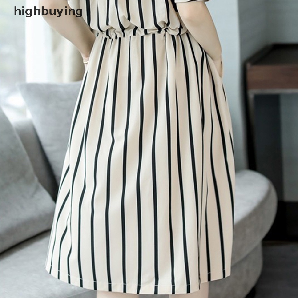 Hbvn Belle Đầm Midi Cổ Tròn Tay Lỡ Phối Túi Họa Tiết Kẻ Sọc Thời Trang Thu Hè Hàn Quốc Thanh Lịch Cho Nữ