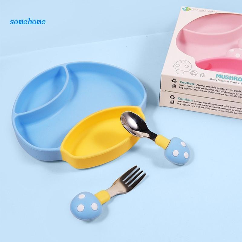 Đĩa Ăn Chia Ngăn Bằng Silicone Chống Trượt Kèm Muỗng &amp; Fo