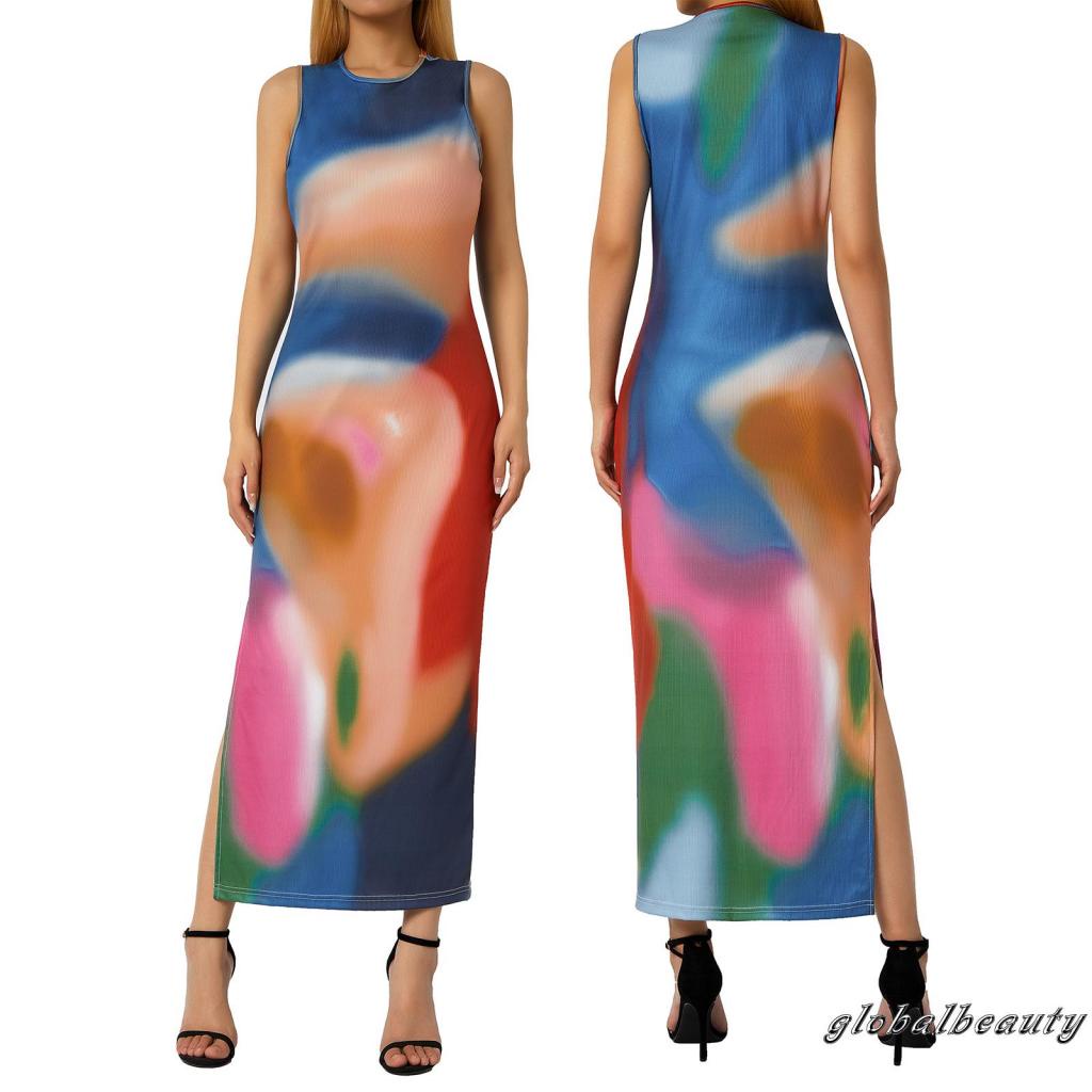 Đầm Dài Không Tay Cổ Tròn Họa Tiết Màu Nhuộm Phong Cách Mùa Hè Cho Nữ