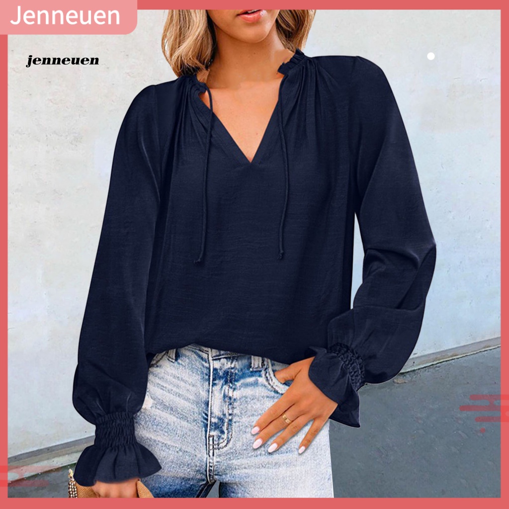 Áo Sơ Mi Voan Tay Dài Phồng Cổ Chữ V Màu Trơn Thắt Dây Phía Trước Kiểu Dáng Đơn Giản Cho Nữ