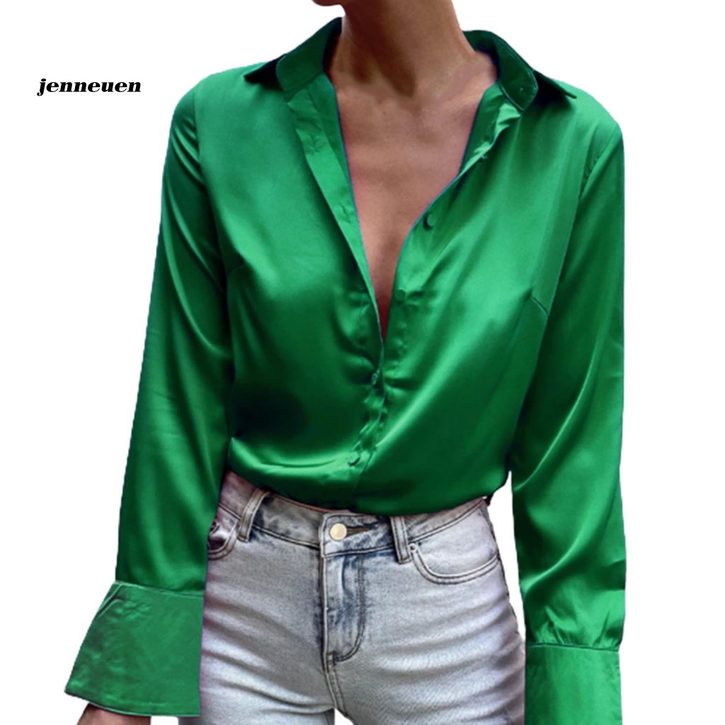 Áo Sơ Mi Tay Dài Vải Satin Màu Sắc Trơn Thời Trang Công Sở Dành Cho Nữ