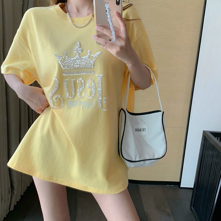 Áo Thun Dáng Rộng Cổ Tròn Thêu Hình Vương Miện Đính Kim Sa Thời Trang Mùa Hè 2022 Mới