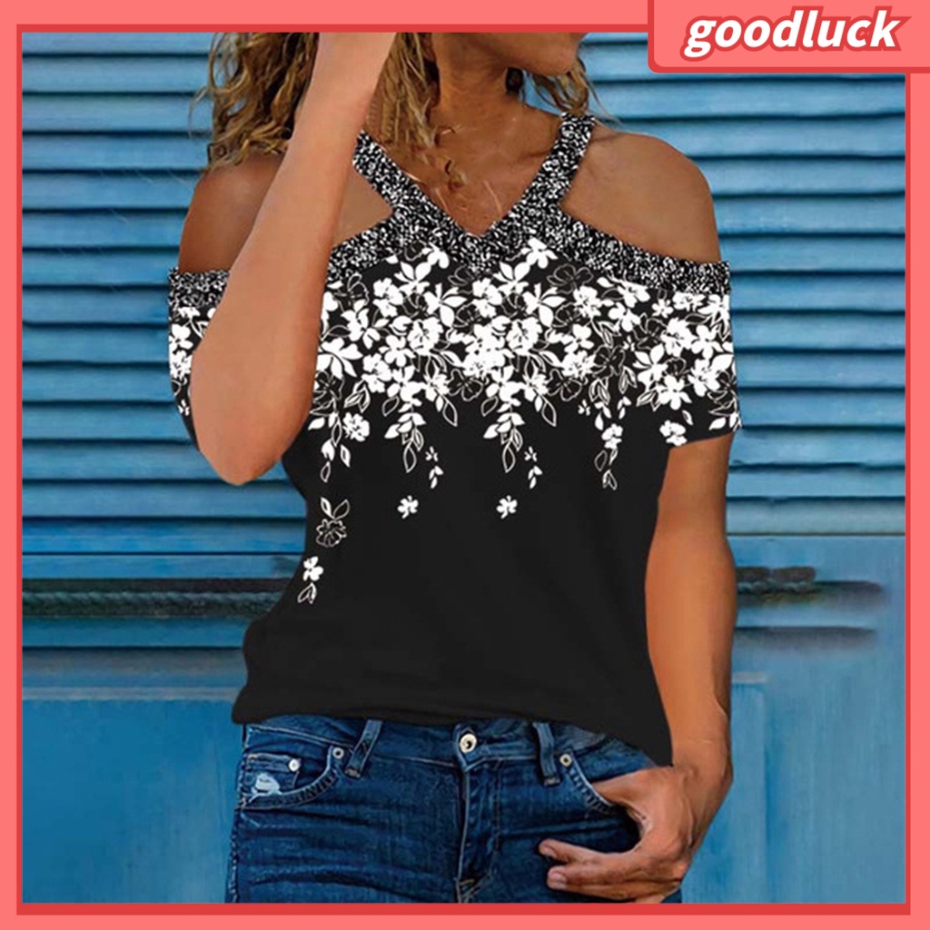Áo Thun Mùa Hè Khoét Vai In Họa Tiết Hoa Phong Cách Đường Phố Cho Nữ