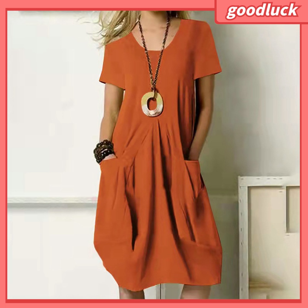 Đầm Tay Ngắn Cổ Tròn Màu Trơn Dáng Rộng Thời Trang Mùa Hè Xinh Xắn Cho Nữ
