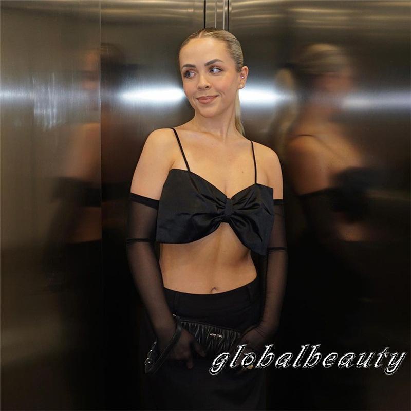 Áo Crop Top Hai Dây Thắt Nơ Trước Ngực Cổ Chữ V Gợi Cảm Kèm Găng Tay