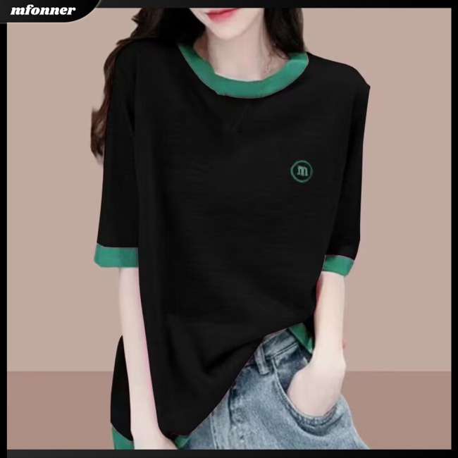 Áo Thun Mỏng Tay Ngắn Cổ Tròn Dáng Rộng Phối Màu Tương Phản Thời Trang Mùa Hè Cho Nữ