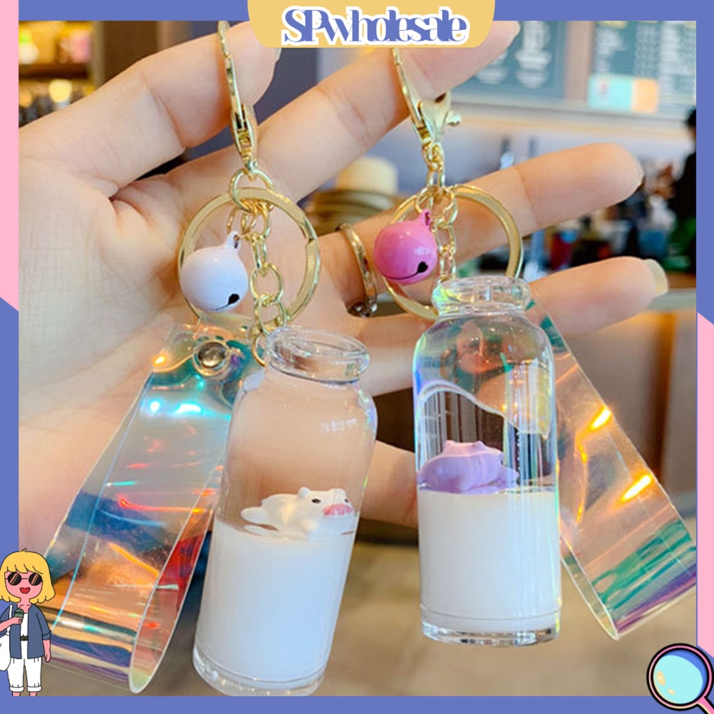 <SPwholesale> Móc Khóa Hình Bình Sữa Thủy Tinh Ba Chiều Có Chuông Và Dây Treo < SPwholesale >