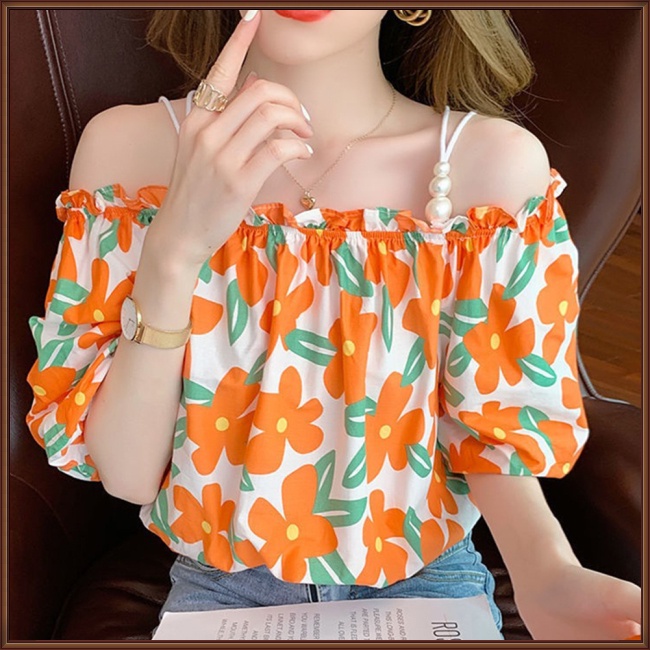 Áo Sơ Mi Chiffon Tay Ngắn Trễ Vai In Họa Tiết Hoa Thời Trang Mùa Hè Cho Nữ