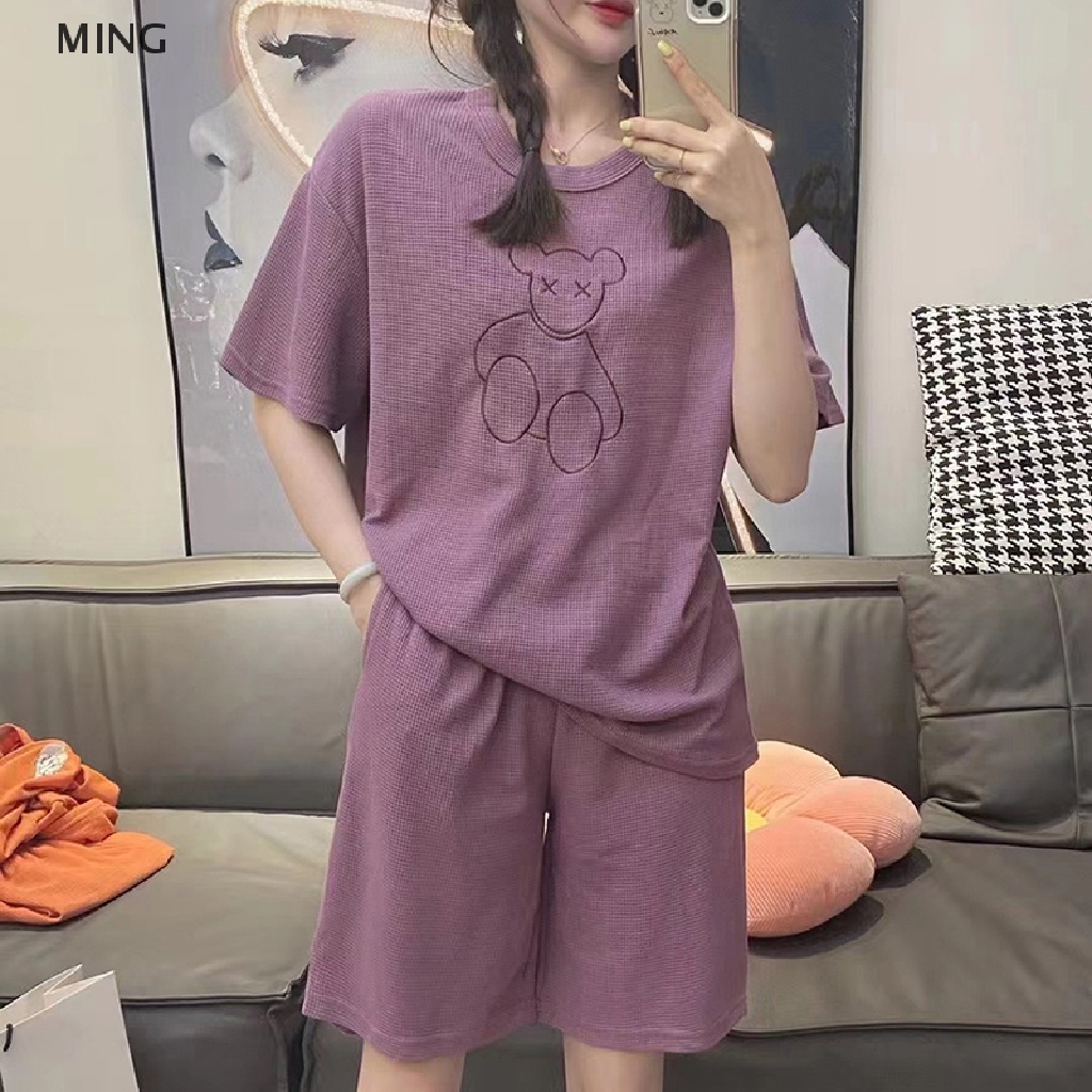 Bộ Đồ Ngủ 2 Món Tay Ngắn In Họa Tiết Gấu Dễ Thương Phong Cách Hàn Quốc Thời Trang Mùa Hè Cho Nữ