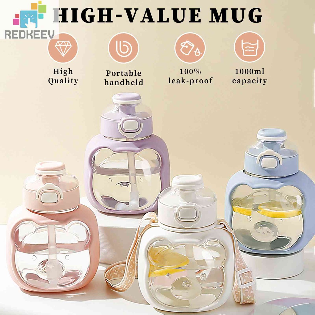 Bình Nước Nhựa 1000ml Có Ống Hút Và Dây Đeo Dễ Thương Cho Bé
