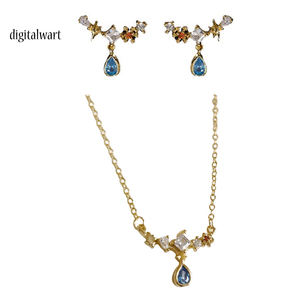 Kỹ Thuật Số| Bộ Vòng cổ + Bông Tai Đính Đá Zircon Hình Giọt Nước Bằng Đồng Bạc Chống Mài Mòn Thời Trang