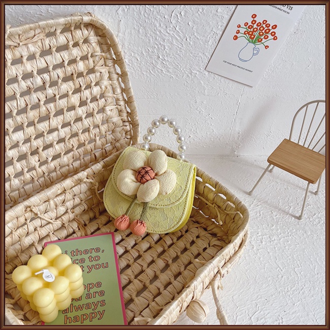 Túi Xách Da Pu Đeo Chéo Phối Ren Hoa Đính Ngọc Trai Thời Trang Cho Bé Gái