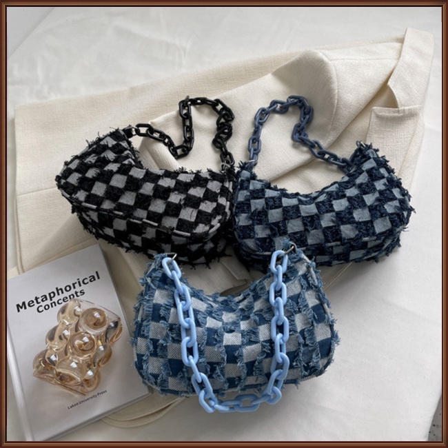 Túi Đeo Vai Họa Tiết Sọc Caro Chất Liệu Denim Thời Trang Mùa Hè Cho Nữ