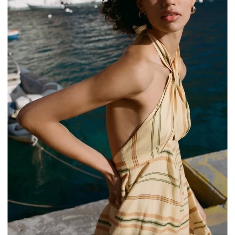 Zara Đầm Ngắn Vải Lanh Kẻ Sọc Hở Lưng Quyến Rũ Thời Trang Mùa Hè Cho Nữ 6929303