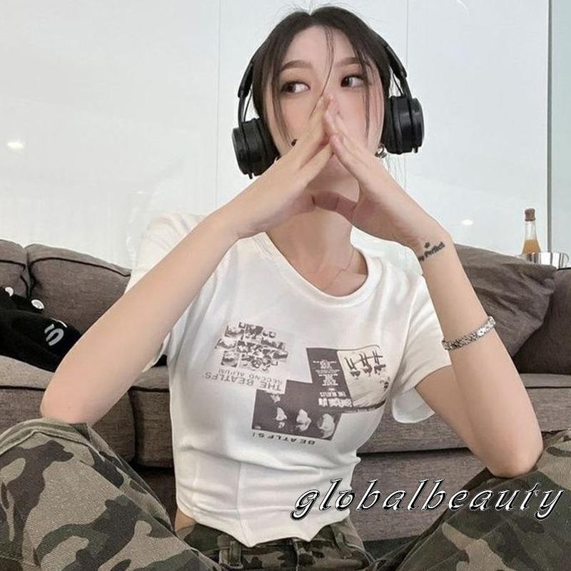 Áo Thun Crop Top Tay Ngắn Cổ Tròn Dáng Ôm In Họa Tiết Phong Cách Vintage Dành Cho Nữ